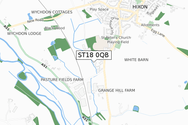 ST18 0QB map - small scale - OS Open Zoomstack (Ordnance Survey)