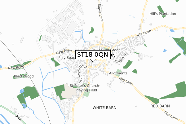 ST18 0QN map - small scale - OS Open Zoomstack (Ordnance Survey)