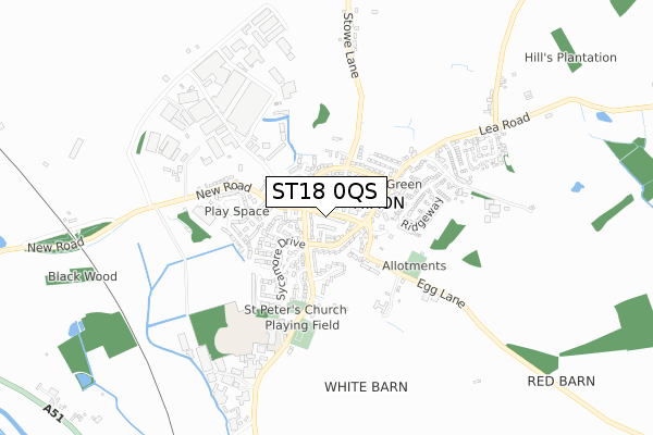 ST18 0QS map - small scale - OS Open Zoomstack (Ordnance Survey)
