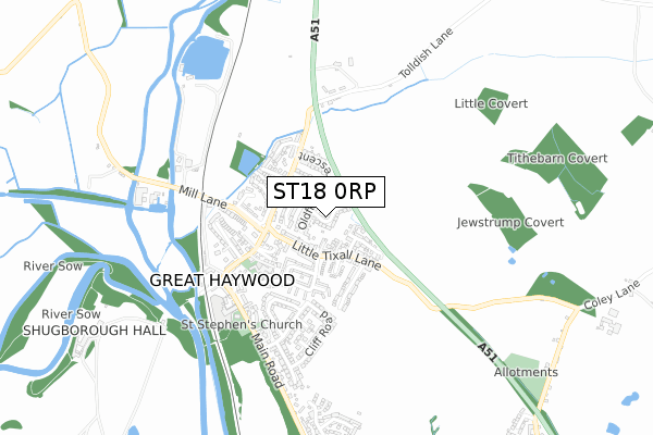 ST18 0RP map - small scale - OS Open Zoomstack (Ordnance Survey)