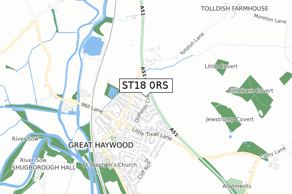 ST18 0RS map - small scale - OS Open Zoomstack (Ordnance Survey)