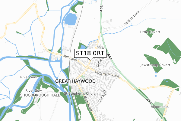 ST18 0RT map - small scale - OS Open Zoomstack (Ordnance Survey)