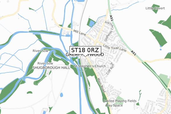 ST18 0RZ map - small scale - OS Open Zoomstack (Ordnance Survey)