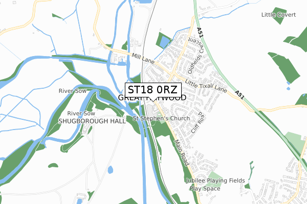 ST18 0RZ map - small scale - OS Open Zoomstack (Ordnance Survey) ST18 0RZ map - small scale - OS Open Zoomstack (Ordnance Survey)