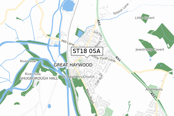 ST18 0SA map - small scale - OS Open Zoomstack (Ordnance Survey)
