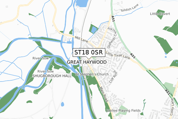 ST18 0SR map - small scale - OS Open Zoomstack (Ordnance Survey)