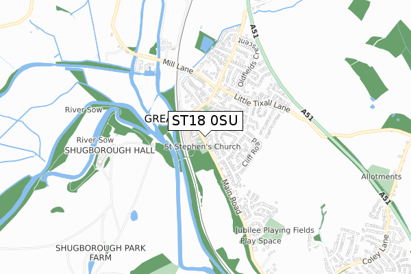 ST18 0SU map - small scale - OS Open Zoomstack (Ordnance Survey)