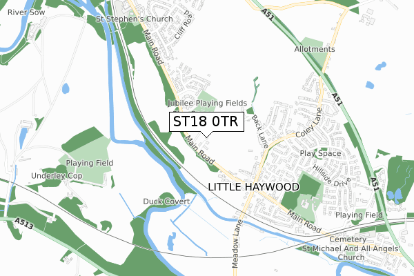 ST18 0TR map - small scale - OS Open Zoomstack (Ordnance Survey)