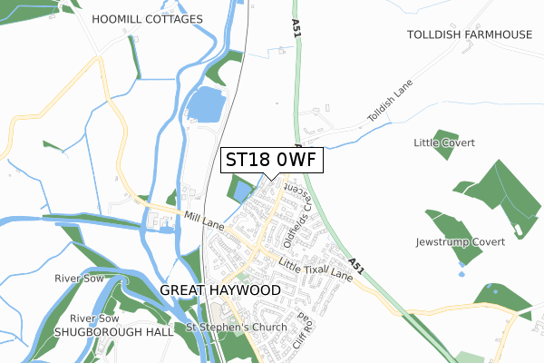 ST18 0WF map - small scale - OS Open Zoomstack (Ordnance Survey)