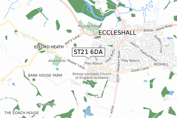 ST21 6DA map - small scale - OS Open Zoomstack (Ordnance Survey)