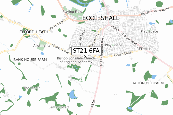 ST21 6FA map - small scale - OS Open Zoomstack (Ordnance Survey)