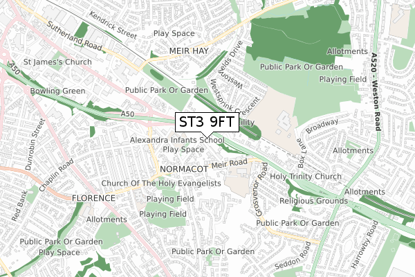 ST3 9FT map - small scale - OS Open Zoomstack (Ordnance Survey)