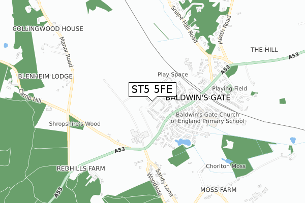 ST5 5FE map - small scale - OS Open Zoomstack (Ordnance Survey)