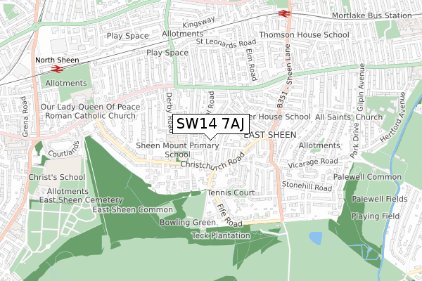 SW14 7AJ map - small scale - OS Open Zoomstack (Ordnance Survey)