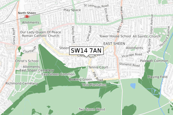 SW14 7AN map - small scale - OS Open Zoomstack (Ordnance Survey)