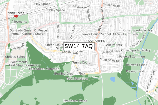 SW14 7AQ map - small scale - OS Open Zoomstack (Ordnance Survey)