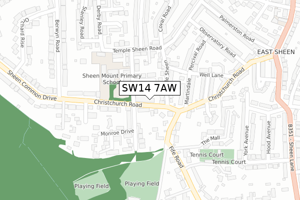 SW14 7AW map - large scale - OS Open Zoomstack (Ordnance Survey)