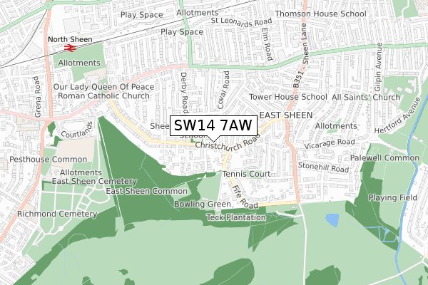 SW14 7AW map - small scale - OS Open Zoomstack (Ordnance Survey)