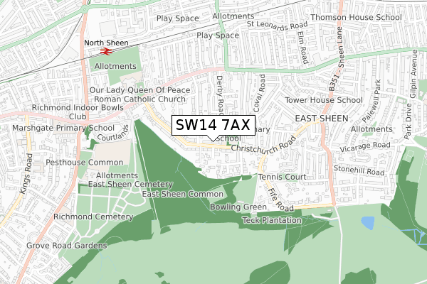 SW14 7AX map - small scale - OS Open Zoomstack (Ordnance Survey)