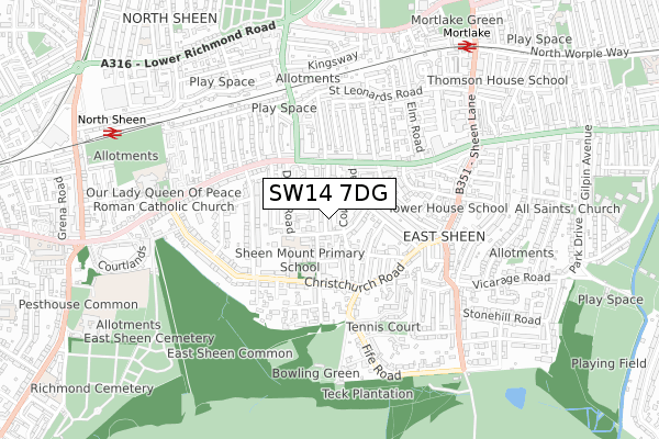 SW14 7DG map - small scale - OS Open Zoomstack (Ordnance Survey)