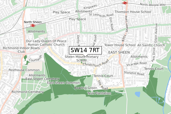 SW14 7RT map - small scale - OS Open Zoomstack (Ordnance Survey)