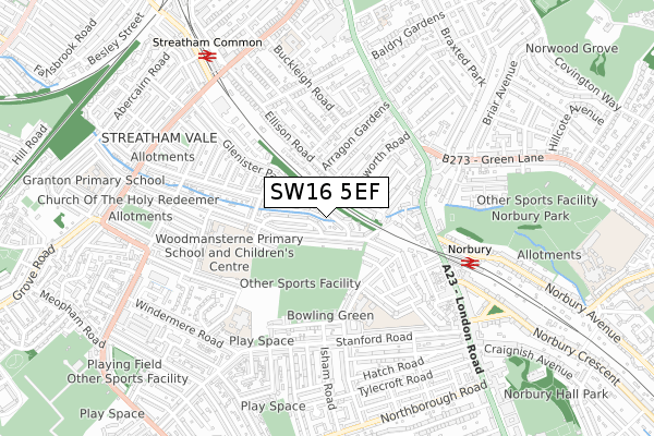 SW16 5EF map - small scale - OS Open Zoomstack (Ordnance Survey)