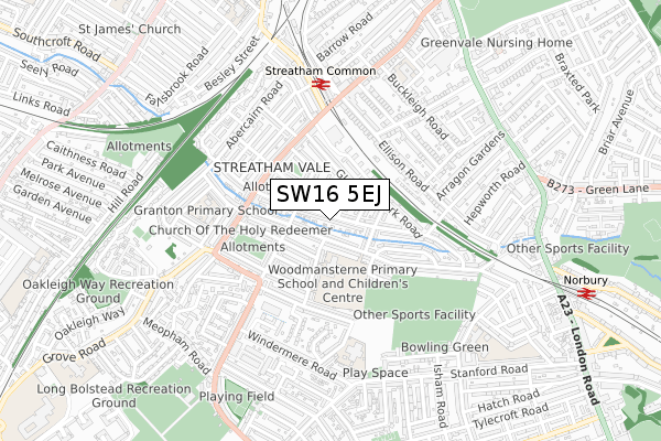 SW16 5EJ map - small scale - OS Open Zoomstack (Ordnance Survey)