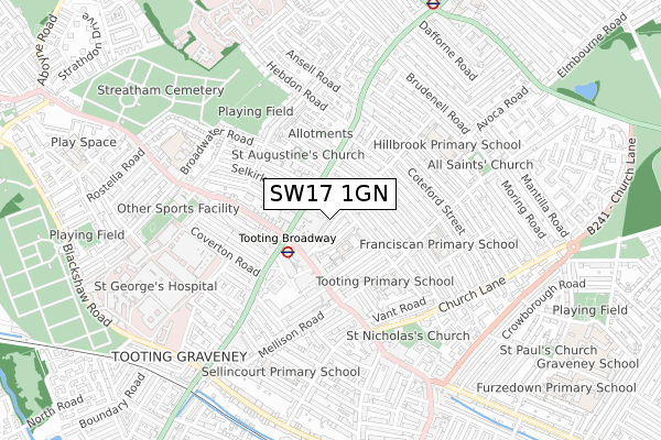 SW17 1GN map - small scale - OS Open Zoomstack (Ordnance Survey)