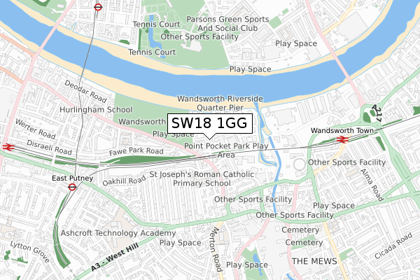 SW18 1GG map - small scale - OS Open Zoomstack (Ordnance Survey)