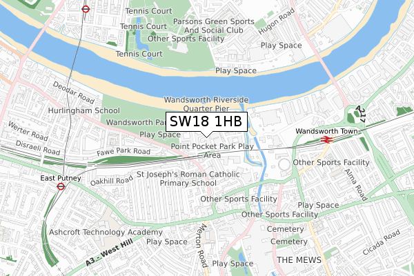 SW18 1HB map - small scale - OS Open Zoomstack (Ordnance Survey)