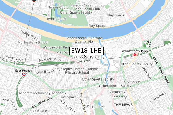 SW18 1HE map - small scale - OS Open Zoomstack (Ordnance Survey)