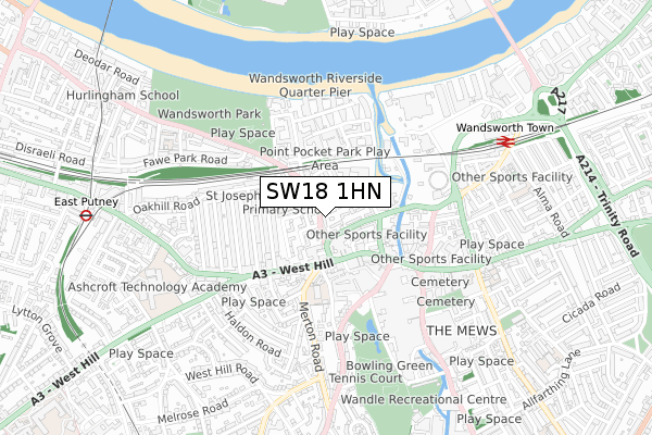 SW18 1HN map - small scale - OS Open Zoomstack (Ordnance Survey)