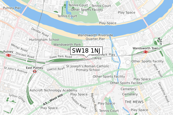 SW18 1NJ map - small scale - OS Open Zoomstack (Ordnance Survey)