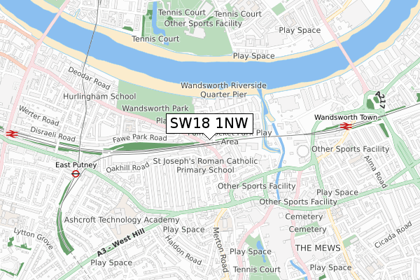 SW18 1NW map - small scale - OS Open Zoomstack (Ordnance Survey)