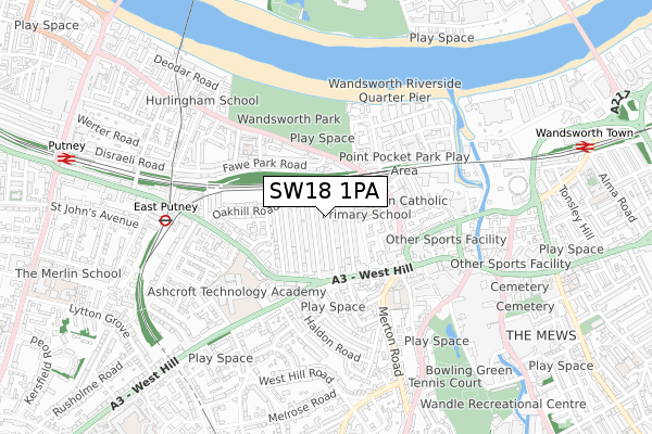 SW18 1PA map - small scale - OS Open Zoomstack (Ordnance Survey)