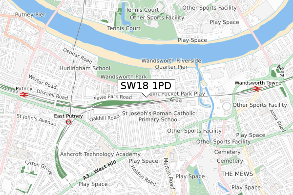 SW18 1PD map - small scale - OS Open Zoomstack (Ordnance Survey)