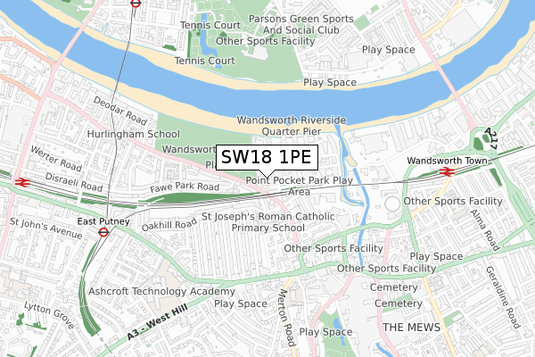 SW18 1PE map - small scale - OS Open Zoomstack (Ordnance Survey)