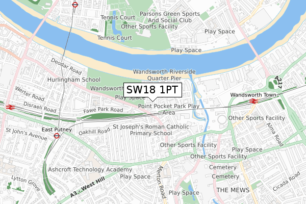 SW18 1PT map - small scale - OS Open Zoomstack (Ordnance Survey)