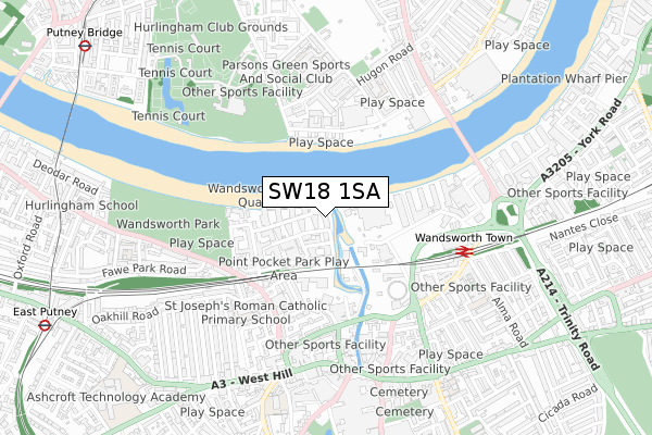 SW18 1SA map - small scale - OS Open Zoomstack (Ordnance Survey)