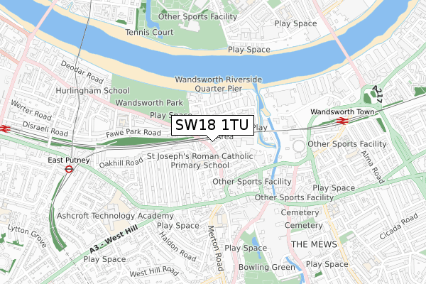 SW18 1TU map - small scale - OS Open Zoomstack (Ordnance Survey)