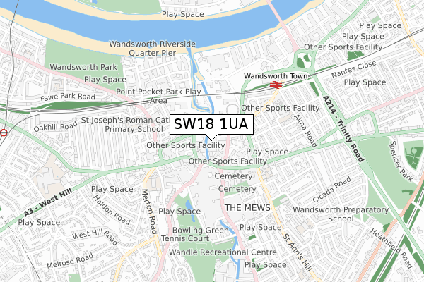 SW18 1UA map - small scale - OS Open Zoomstack (Ordnance Survey)