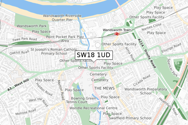 SW18 1UD map - small scale - OS Open Zoomstack (Ordnance Survey)