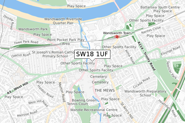 SW18 1UF map - small scale - OS Open Zoomstack (Ordnance Survey)