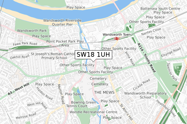 SW18 1UH map - small scale - OS Open Zoomstack (Ordnance Survey)