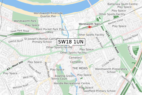 SW18 1UN map - small scale - OS Open Zoomstack (Ordnance Survey)