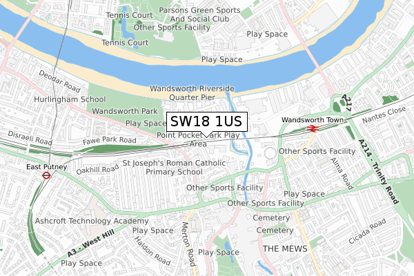 SW18 1US map - small scale - OS Open Zoomstack (Ordnance Survey)