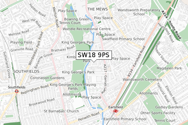 SW18 9PS map - small scale - OS Open Zoomstack (Ordnance Survey)