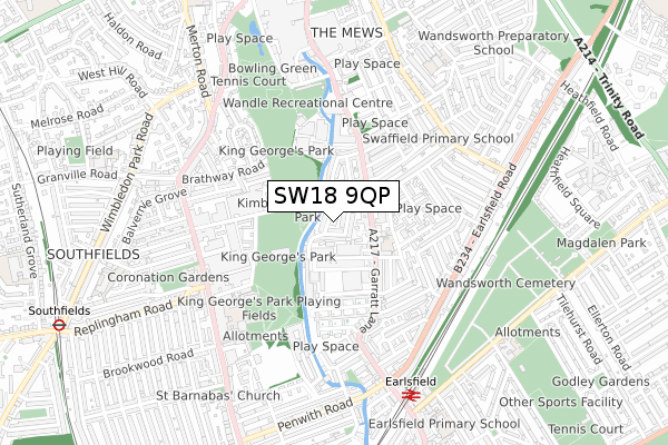 SW18 9QP map - small scale - OS Open Zoomstack (Ordnance Survey)