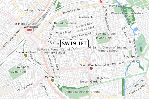 SW19 1FT map - small scale - OS Open Zoomstack (Ordnance Survey)