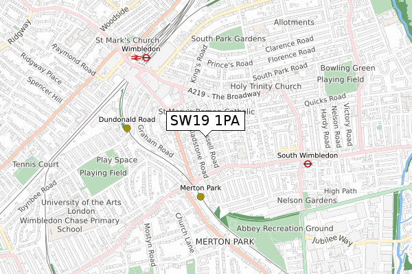 SW19 1PA map - small scale - OS Open Zoomstack (Ordnance Survey)